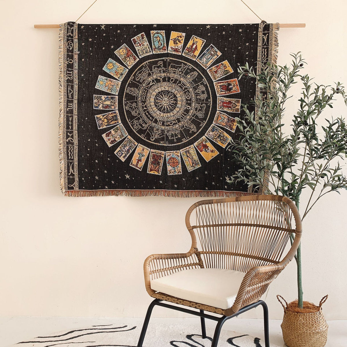 Bohemian Tarot Astrology Sun Zodiac Woven Cotton Blanket Throw With Tassels For Sofa Bed Camping Picnic Wall Hanging