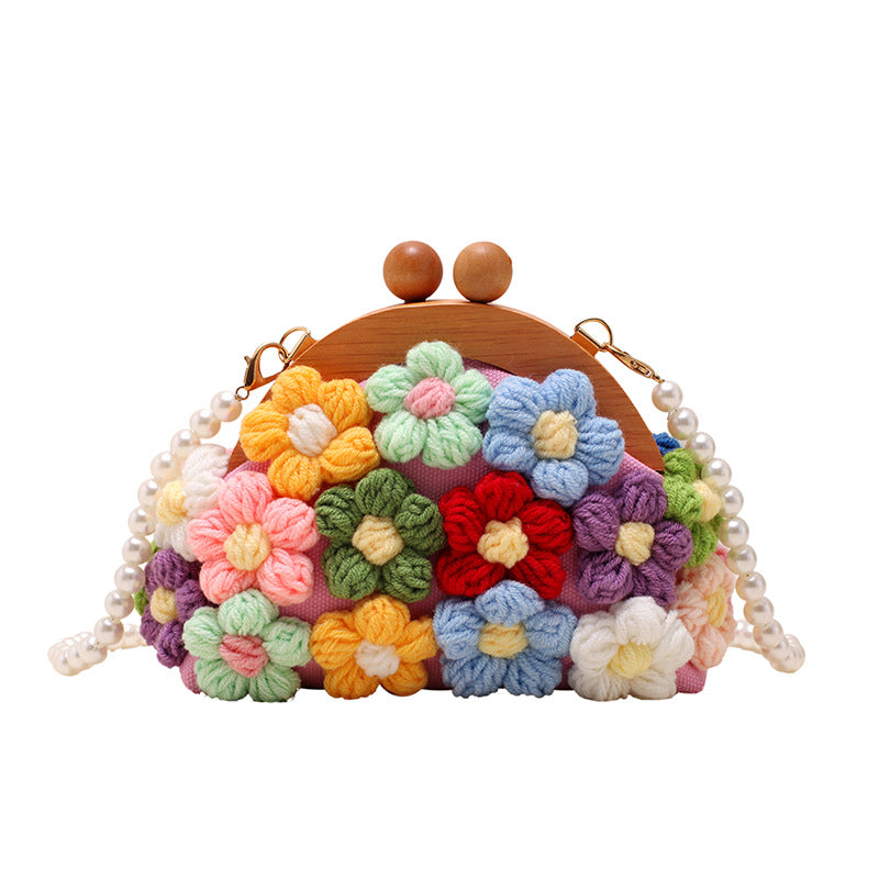 Handmade Knitted Flower Shell Bag With Wooden Clasp And Artificial Pearl Chain Strap Elegant Crochet Crossbody For Women