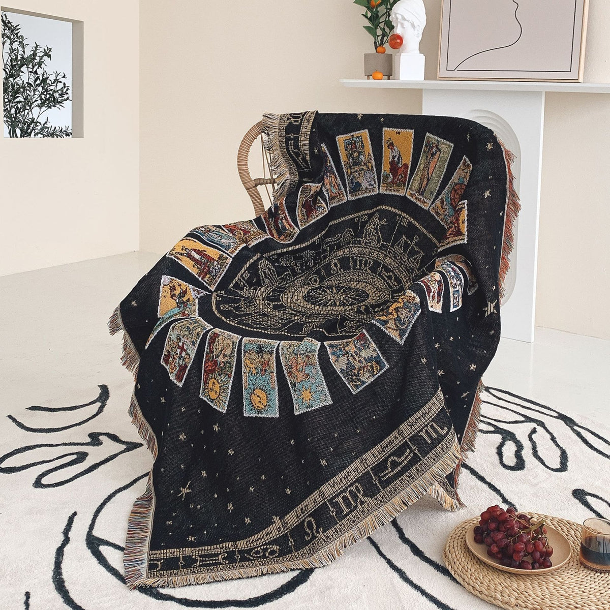 Bohemian Tarot Astrology Sun Zodiac Woven Cotton Blanket Throw With Tassels For Sofa Bed Camping Picnic Wall Hanging