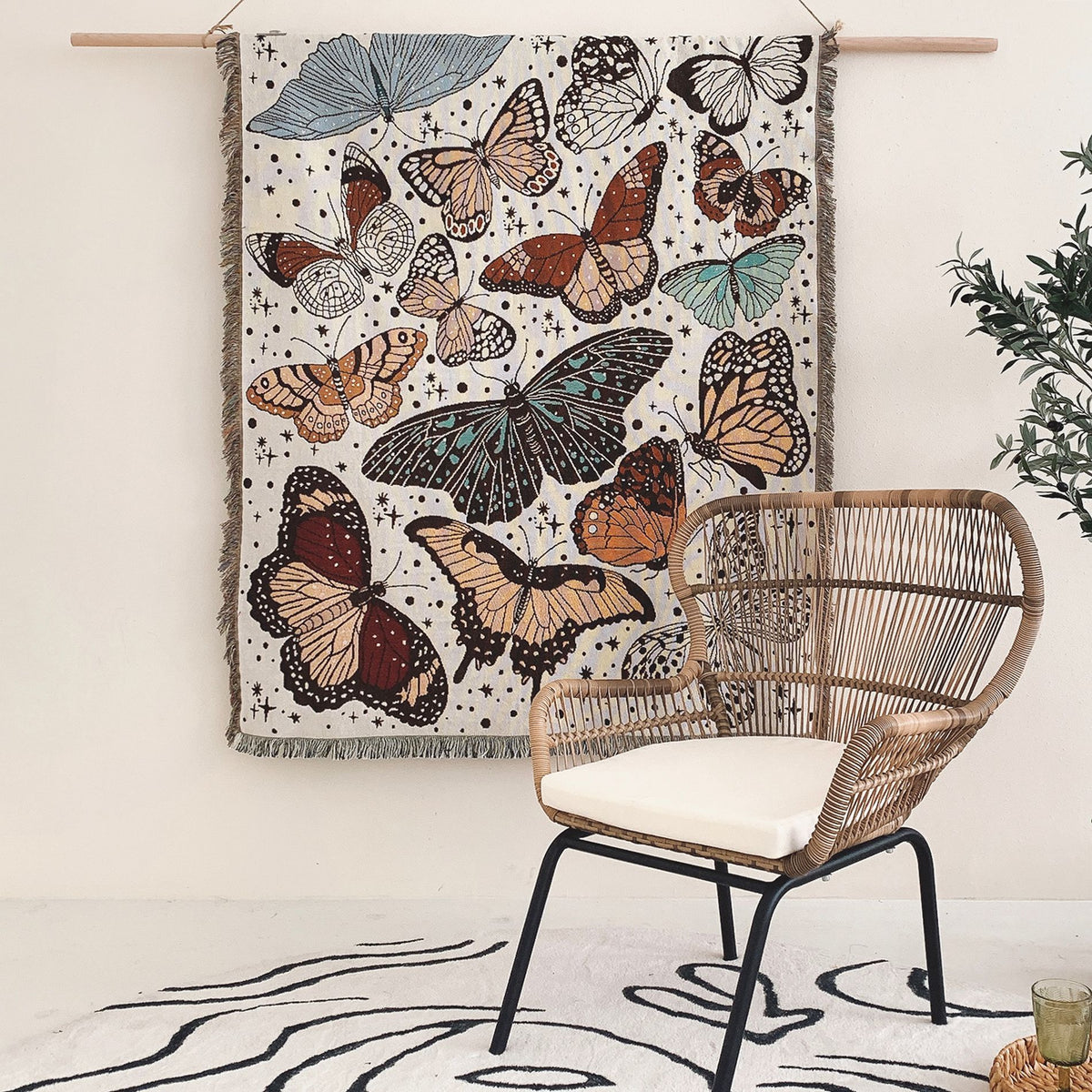 Butterfly Pattern Woven Throw Blanket Cotton Jacquard Bohemian Decorative Tapestry With Tassels For Sofa Bed Picnic