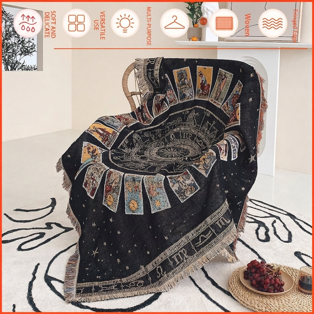 Bohemian Tarot Astrology Sun Zodiac Woven Cotton Blanket Throw With Tassels For Sofa Bed Camping Picnic Wall Hanging