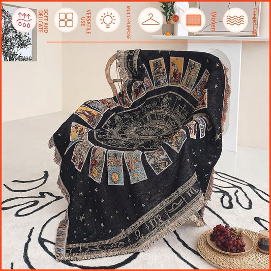 Bohemian Tarot Astrology Sun Zodiac Woven Cotton Blanket Throw With Tassels For Sofa Bed Camping Picnic Wall Hanging