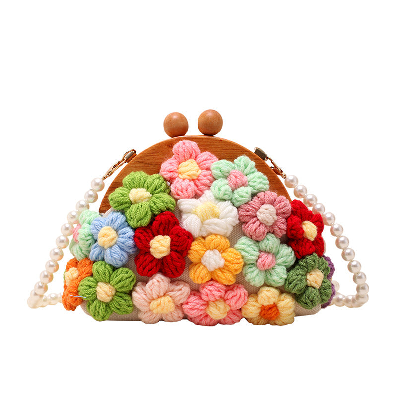 Handmade Knitted Flower Shell Bag With Wooden Clasp And Artificial Pearl Chain Strap Elegant Crochet Crossbody For Women