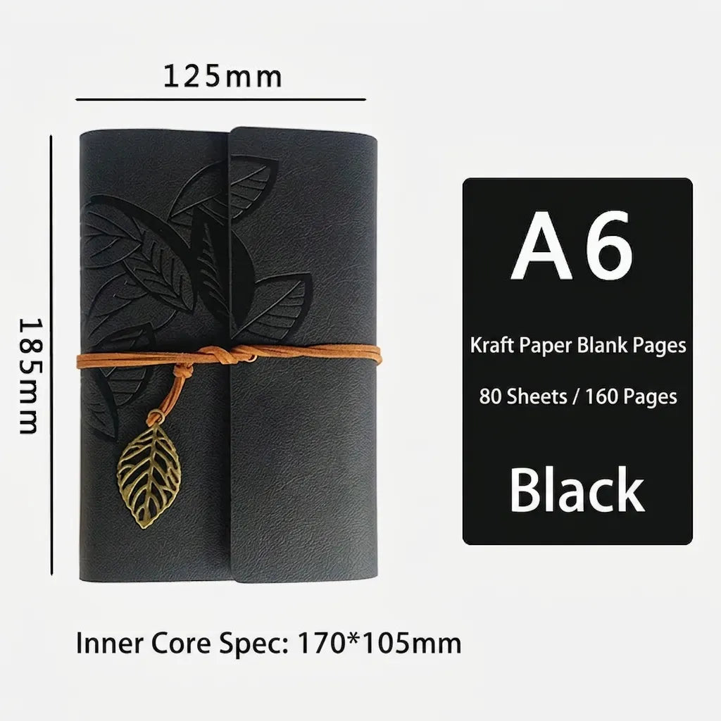 Vintage Leaf Embossed PU Leather Loose-leaf Notebook Retro A6 Kraft Paper Travel Journal With Strap And Metal Pendant