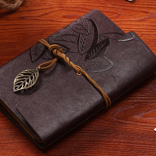 Vintage Leaf Embossed PU Leather Loose-leaf Notebook Retro A6 Kraft Paper Travel Journal With Strap And Metal Pendant