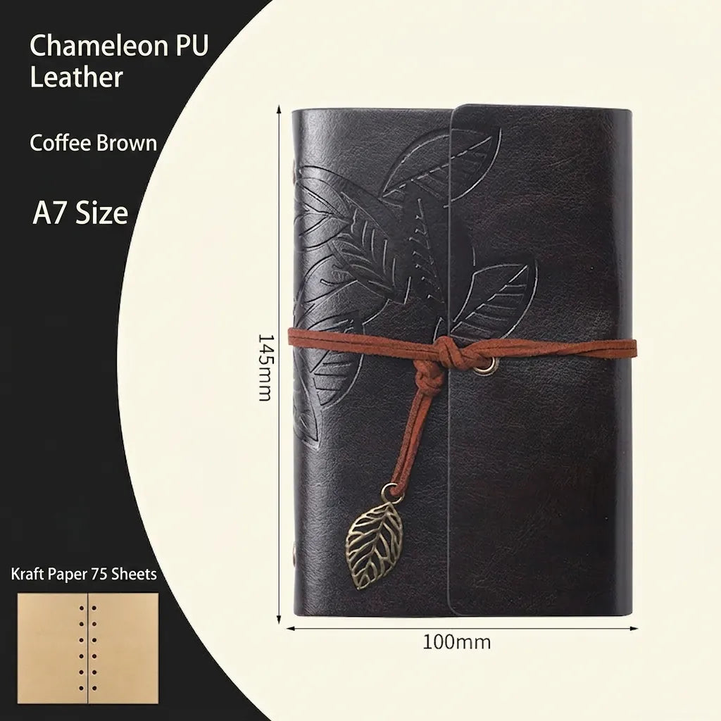 Vintage Leaf Embossed PU Leather Loose-leaf Notebook Retro A6 Kraft Paper Travel Journal With Strap And Metal Pendant