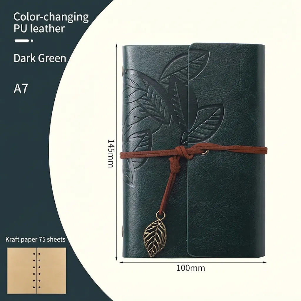 Vintage Leaf Embossed PU Leather Loose-leaf Notebook Retro A6 Kraft Paper Travel Journal With Strap And Metal Pendant