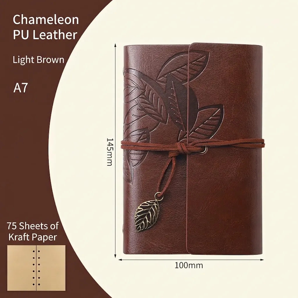 Vintage Leaf Embossed PU Leather Loose-leaf Notebook Retro A6 Kraft Paper Travel Journal With Strap And Metal Pendant