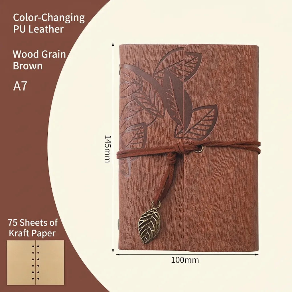 Vintage Leaf Embossed PU Leather Loose-leaf Notebook Retro A6 Kraft Paper Travel Journal With Strap And Metal Pendant