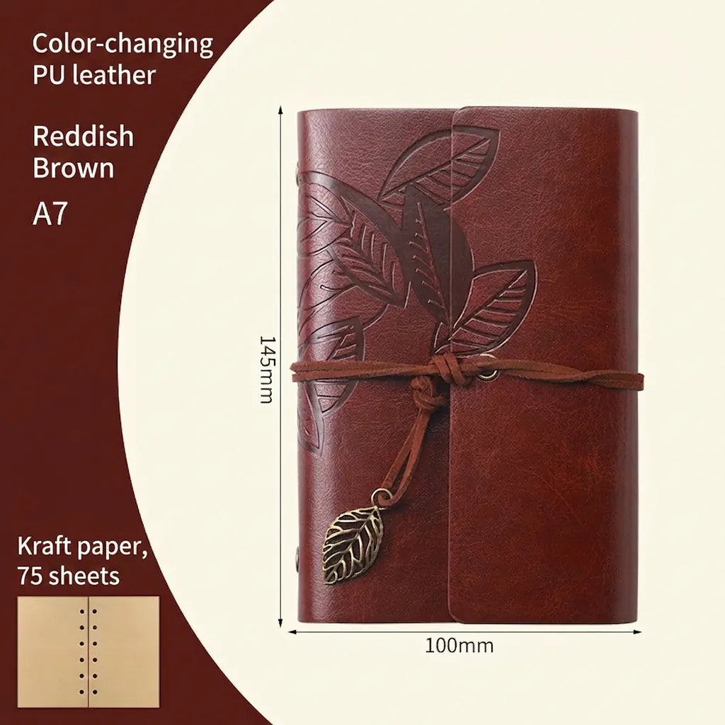 Vintage Leaf Embossed PU Leather Loose-leaf Notebook Retro A6 Kraft Paper Travel Journal With Strap And Metal Pendant