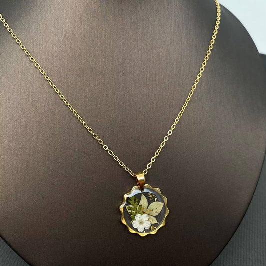 Dried Flowers Geometric Charm 18K Golden SS Necklace - PDF: F