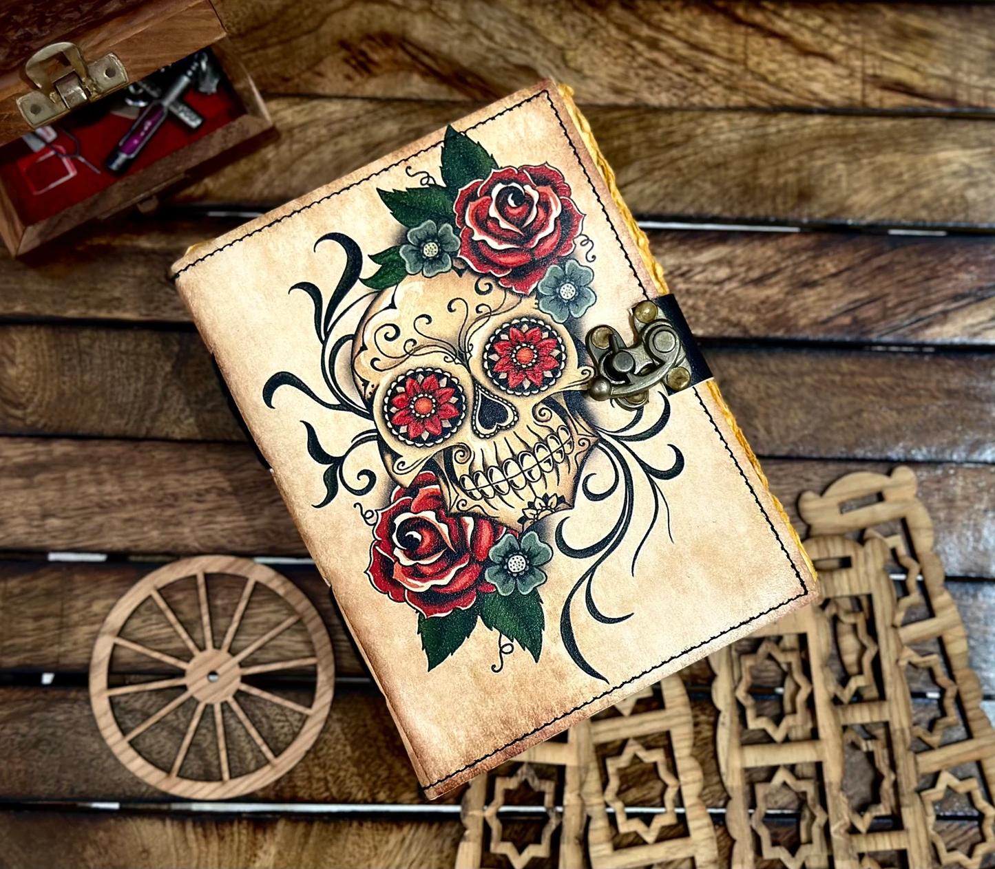 Vintage Leather Journal Grimoire with Sugar Skull Rose Print