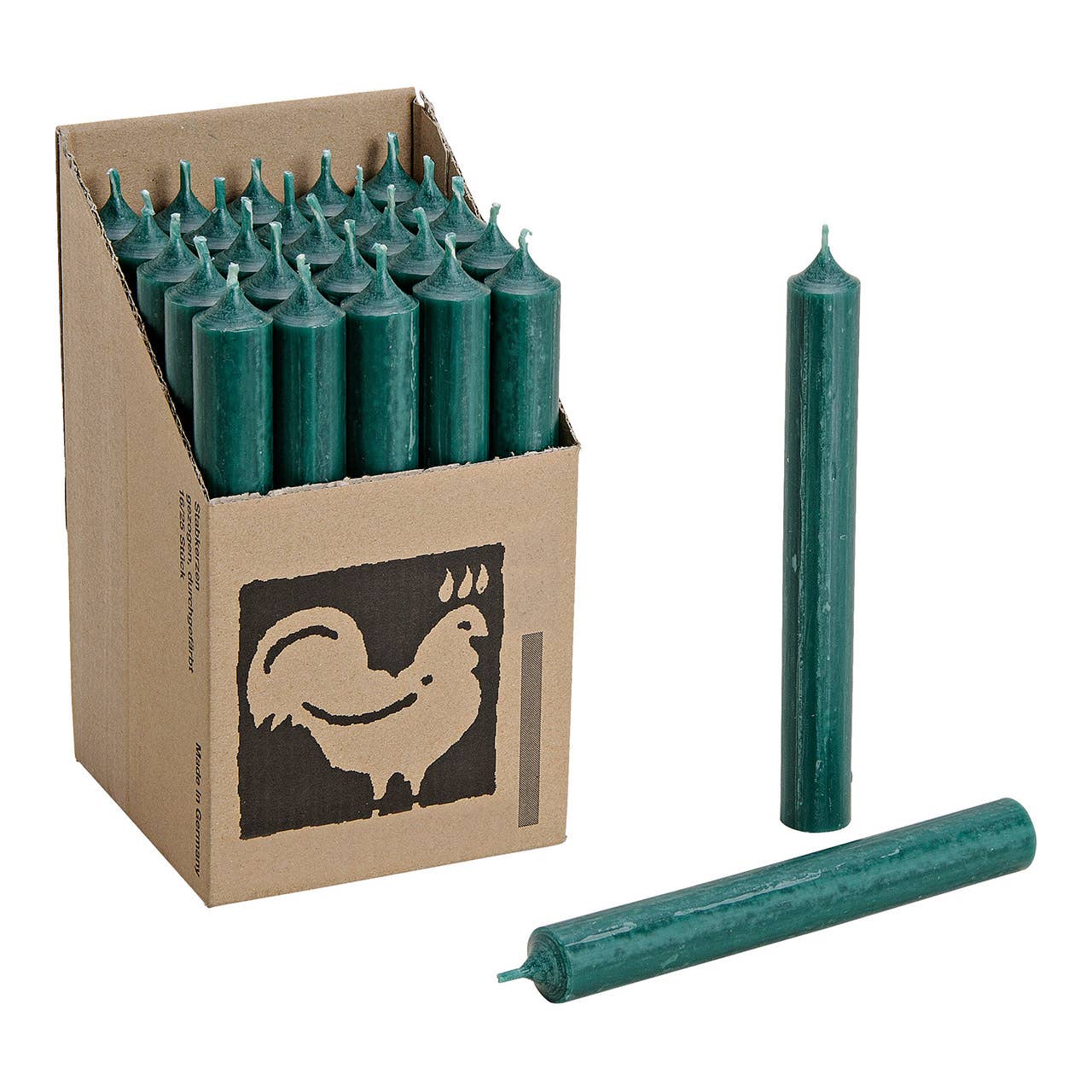 Taper candle dark green solid-colored Ø 2x18 cm burning time approx. 8 hours.