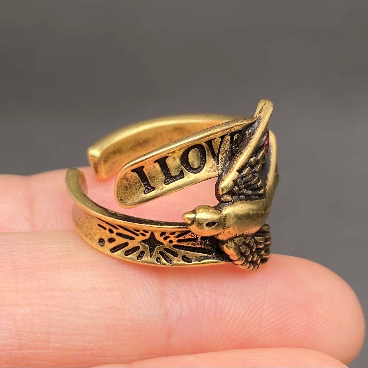 'I LOVE THEE' Heart Zircon Bronze Swallow Adjustable Ring
