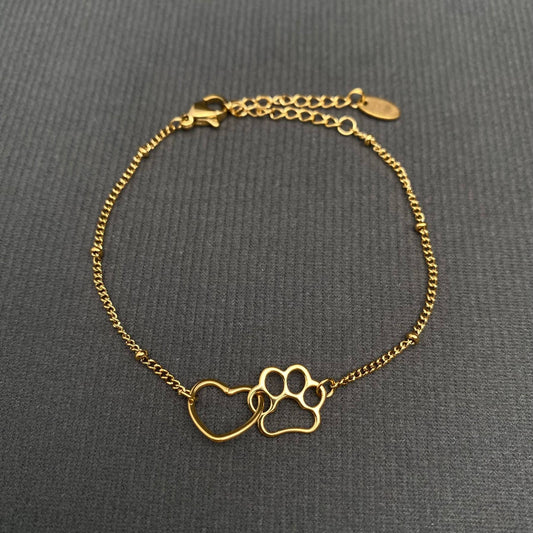 Armband mit hohlem Katzenpfoten- und Herz-Anhänger, 18 Karat vergoldet, Edelstahl