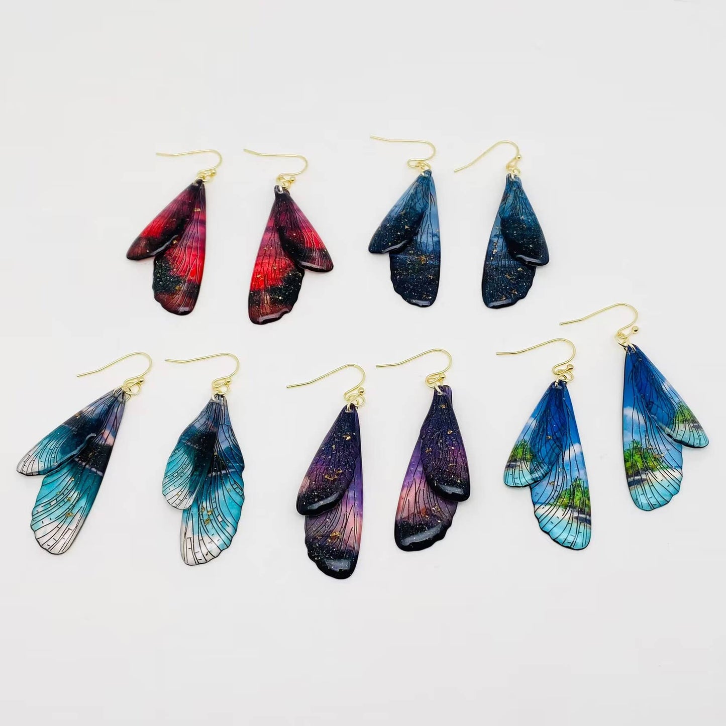 Resin Colored Dragonfly Wings Dangle Earrings