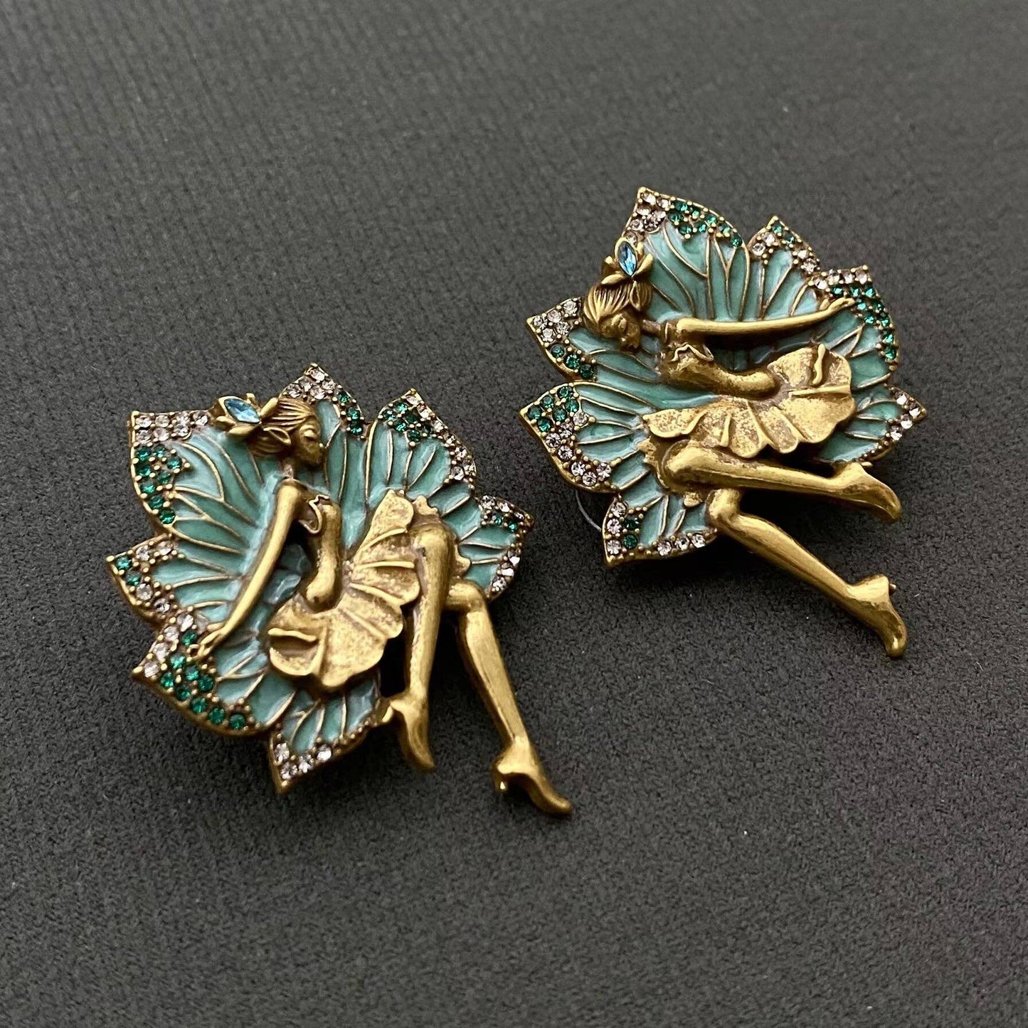 Vintage Rhinestone Enamel Fairies Stud Earrings