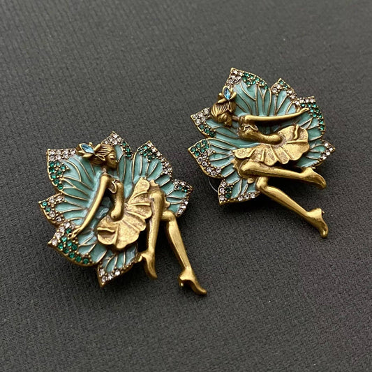 Vintage Rhinestone Enamel Fairies Stud Earrings
