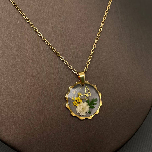 Dried Flowers Geometric Charm 18K Golden SS Necklace - PDF: D