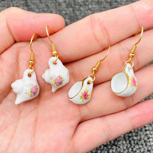 Pink flower Ceramic Teapot & Tea Cup Charm Dangle Earrings