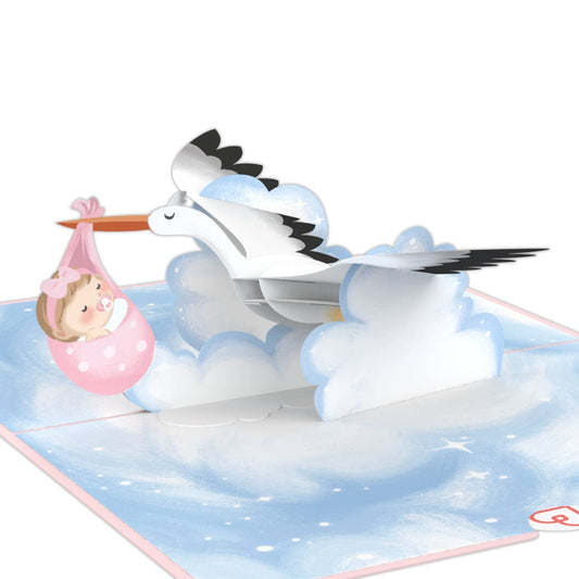 Stork & Baby (pink) pop-up card | 3D birth card
