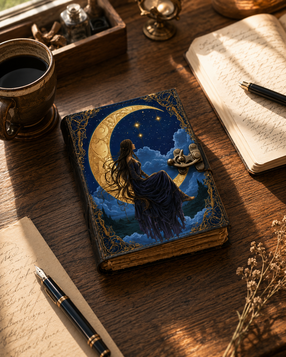 Moon Goddess Leather Journal with Lock – Celestial Deckle