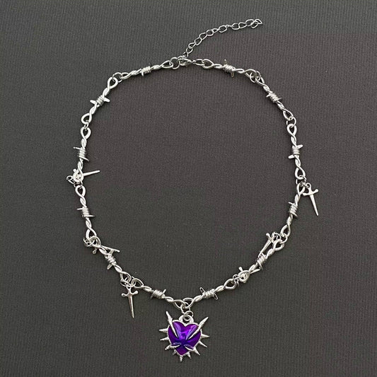 Gothic Purple Thorns Heart Dagger Charm Necklace