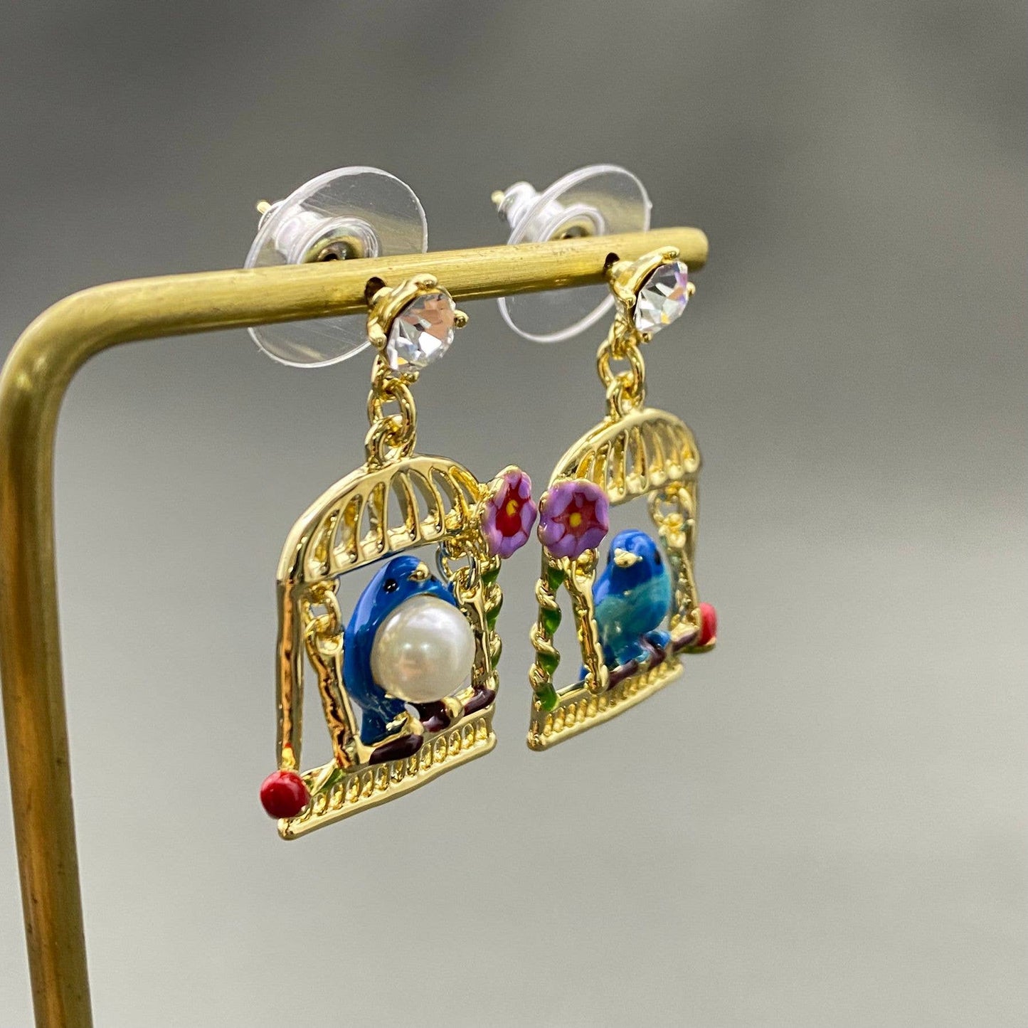 Rhinestone & Pearl Inlaid Enamel Bird In Cage Dangle Earrings