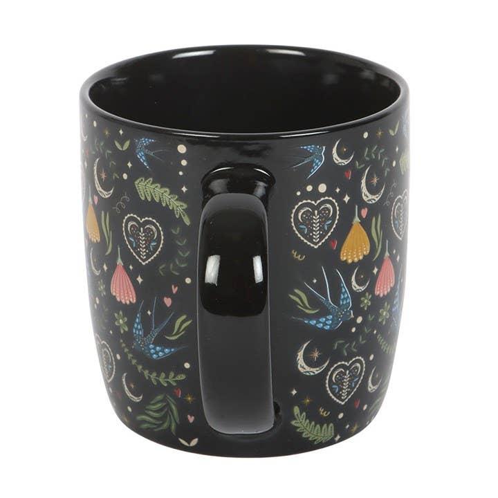 Black Midnight Bloom Folk Floral Print Mug