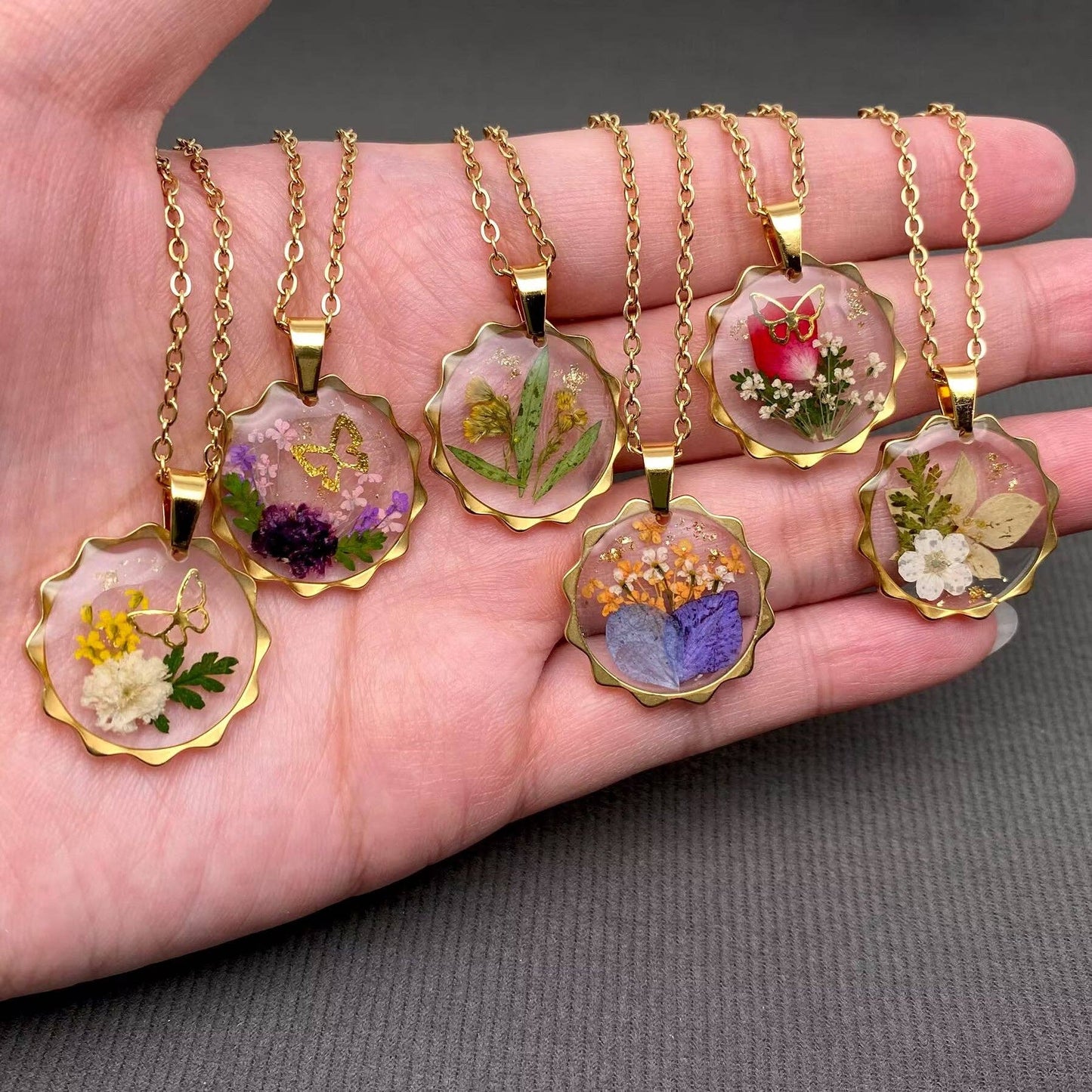Dried Flowers Geometric Charm 18K Golden SS Necklace - PDF: A