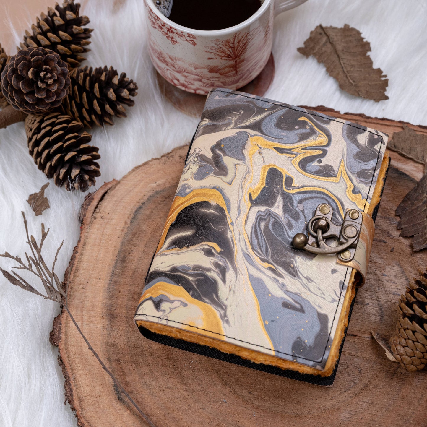 Vintage Leather Journal Notebook with Hand Marble Print 