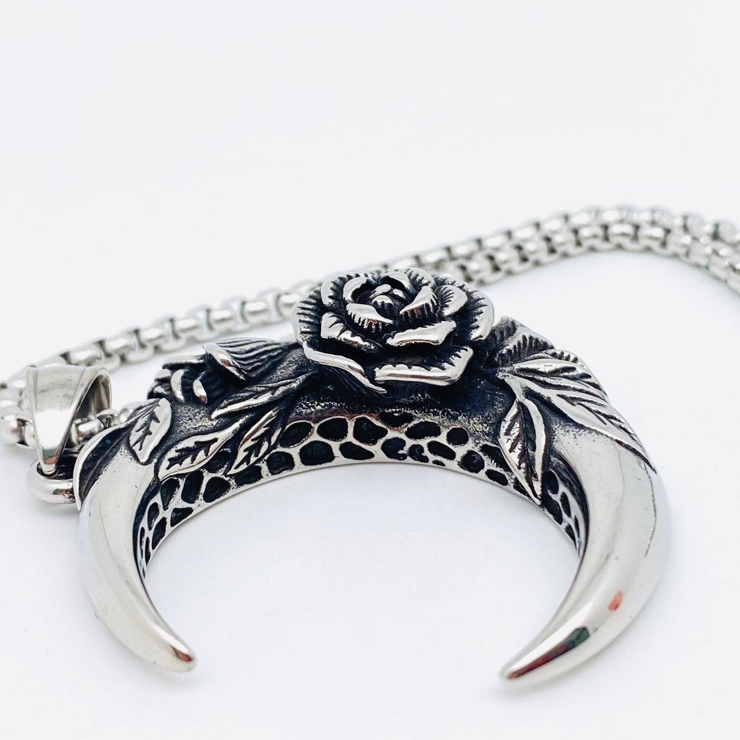 Rose Crescent Moon Charm Stainless Steel Necklace -MJ/MNP/MS: Pendant + chain