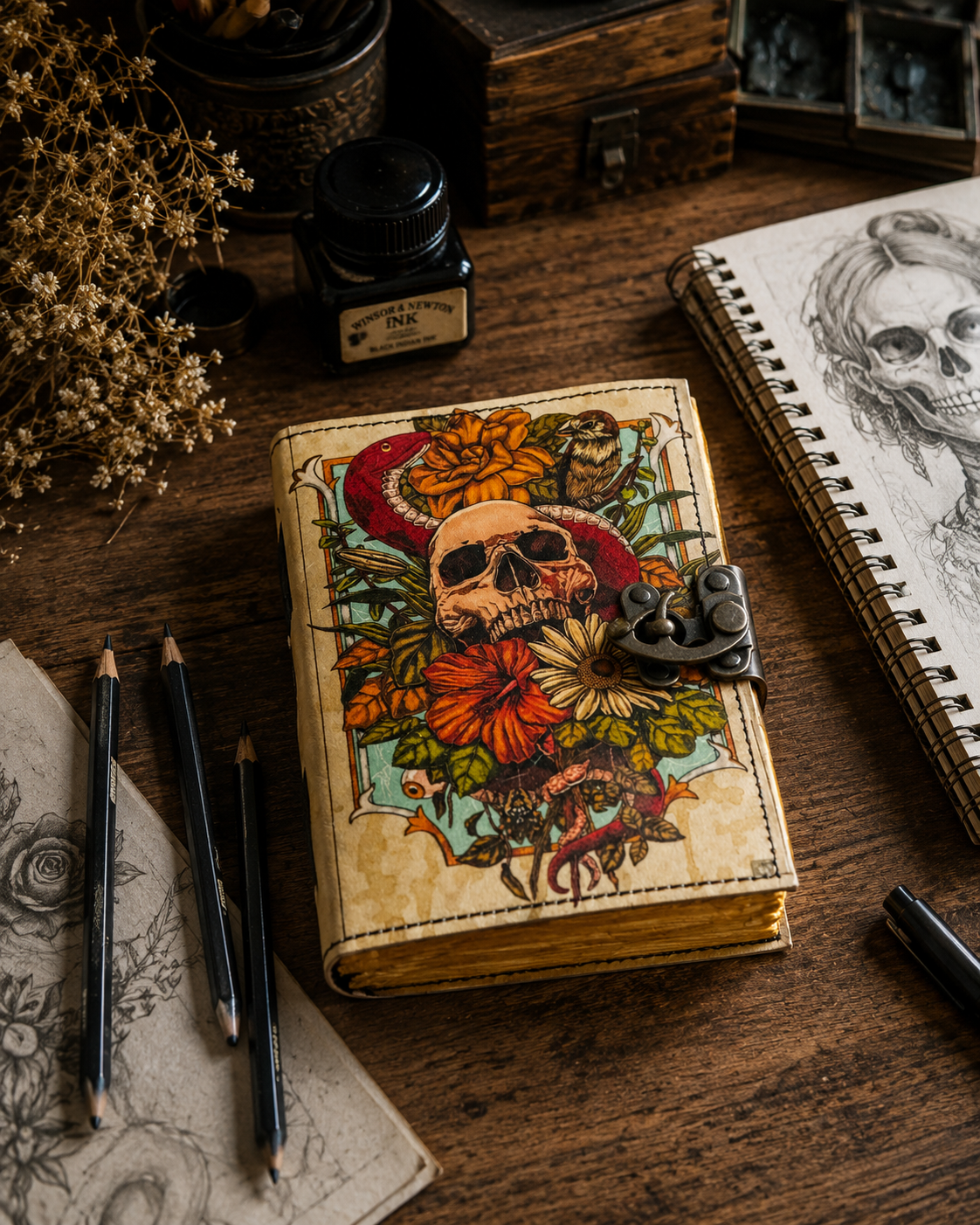Skull Floral Rustic Leather Journal Spell Book for Gift Shop