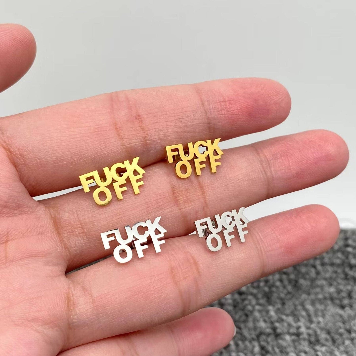 'FUCK OFF' Stainless Steel Ear Studs: Golden