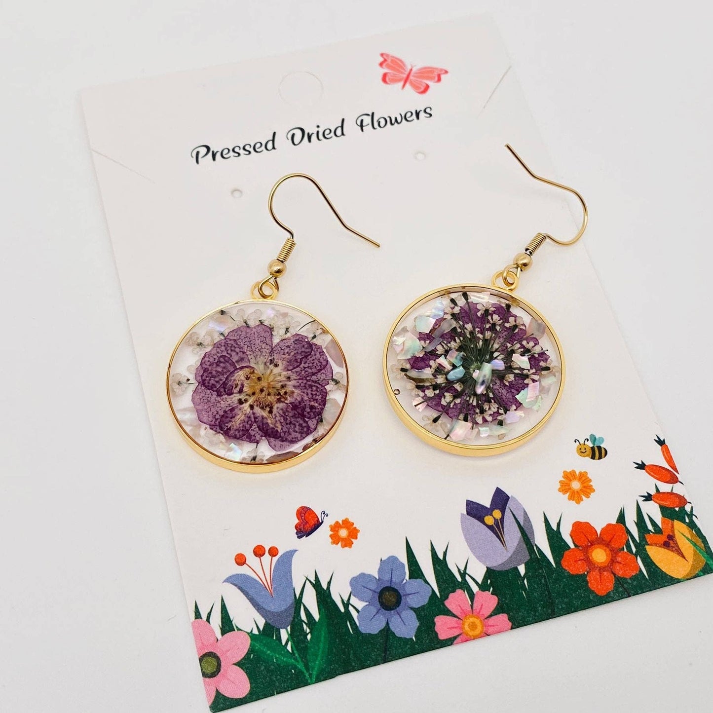 Roses & Queen Anne's Lace Flower Round Charm Earrings - PDF