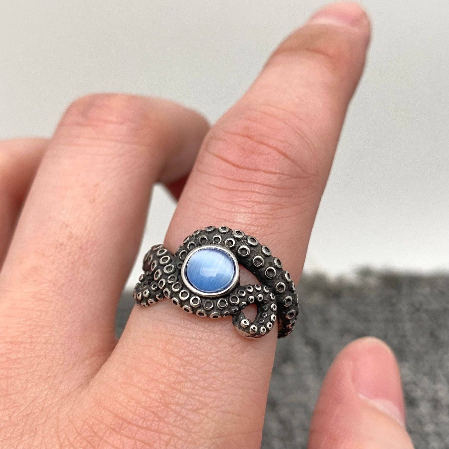Blue Gemstone Octopus Tentacle Stainless Steel Ring - MR: 10