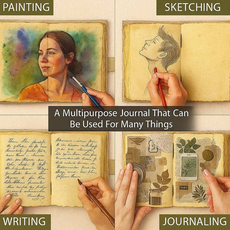 Leather Journal Blank Vintage Notebook with Mushroom Print