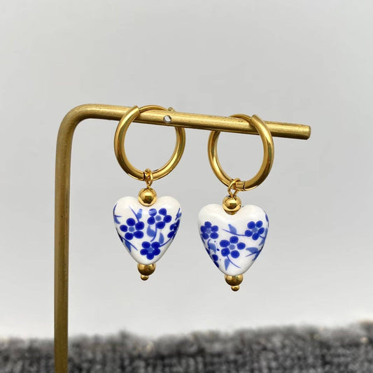 Blue and White Porcelain 18K Golden SS Huugie Earrings - FGS: A