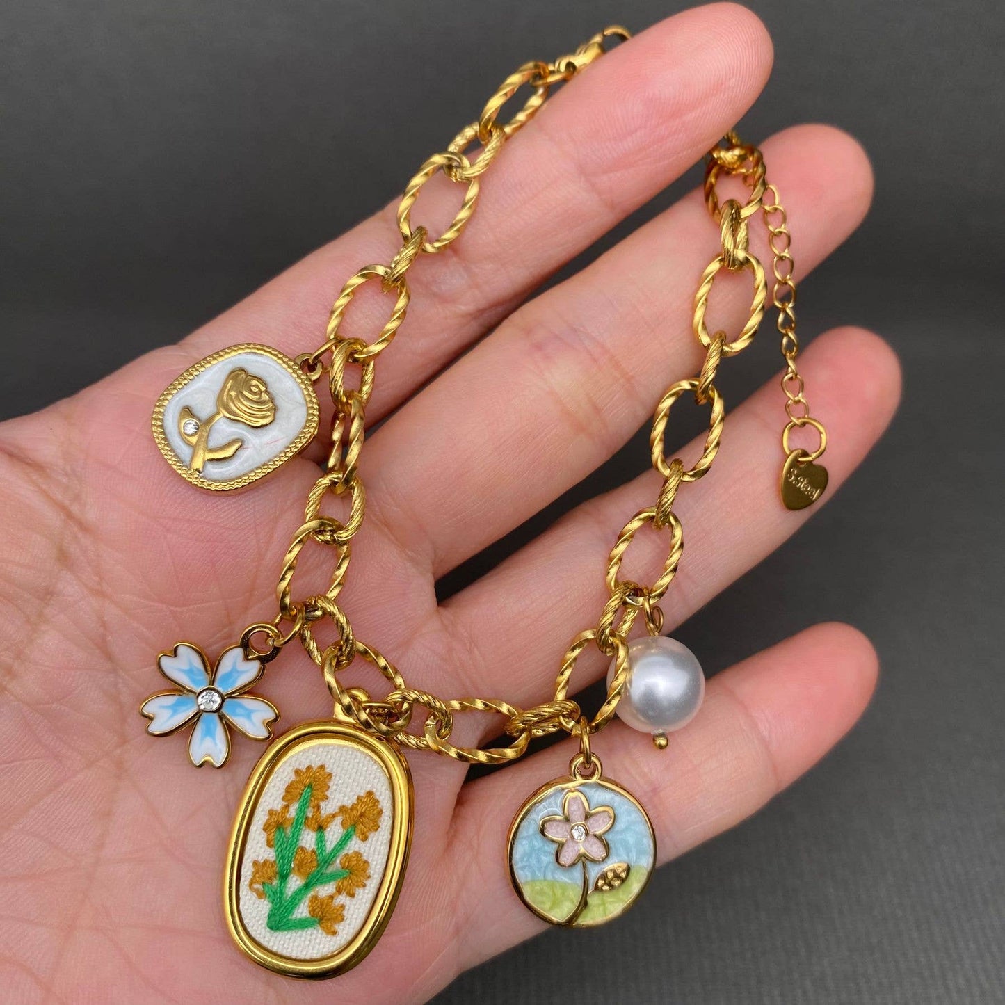 Embroided Flower Charm 18K Gold Plated Stainless Steel Bracelet