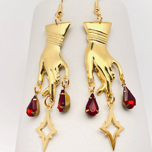 Golden Hand Red Rhinestone Pendant Earrings Gothic Style -GT: Earrings