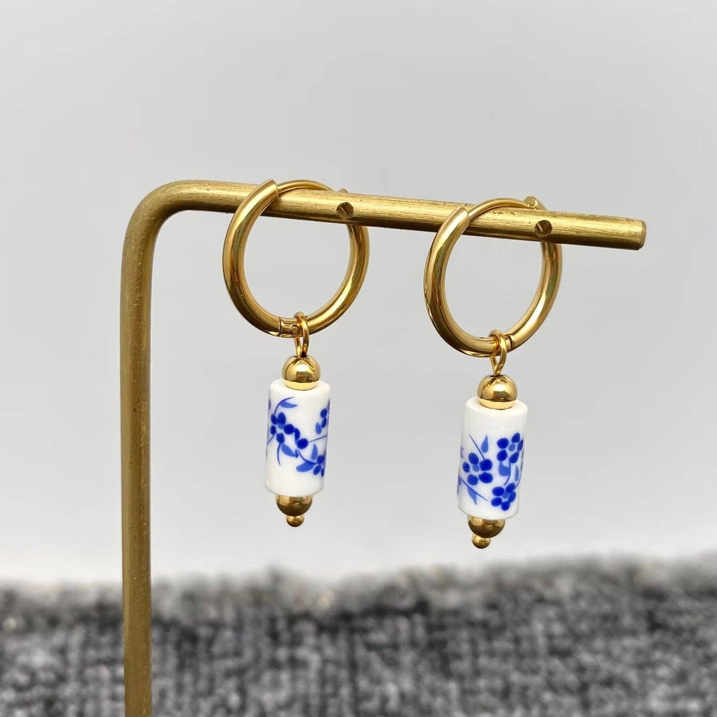 Blue and White Porcelain 18K Golden SS Huugie Earrings - FGS: A