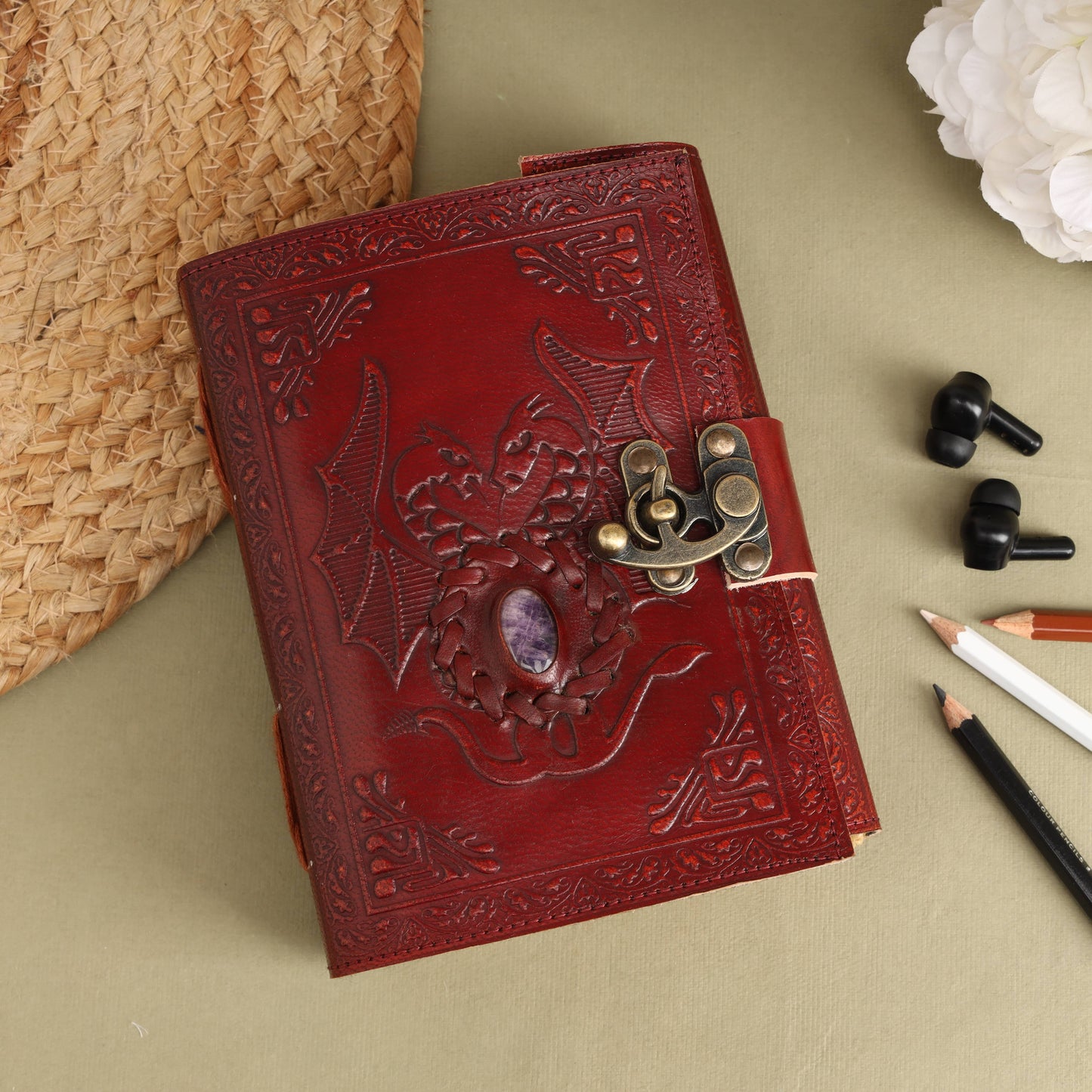 Leather Journal with Stone Dragon Embossed Travel Journal 