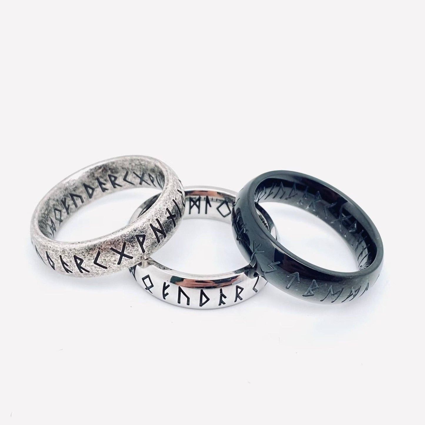 Vintage Viking Text Luen Rune Titanium Steel Ring - MJ/MR: Ancient silver / 11