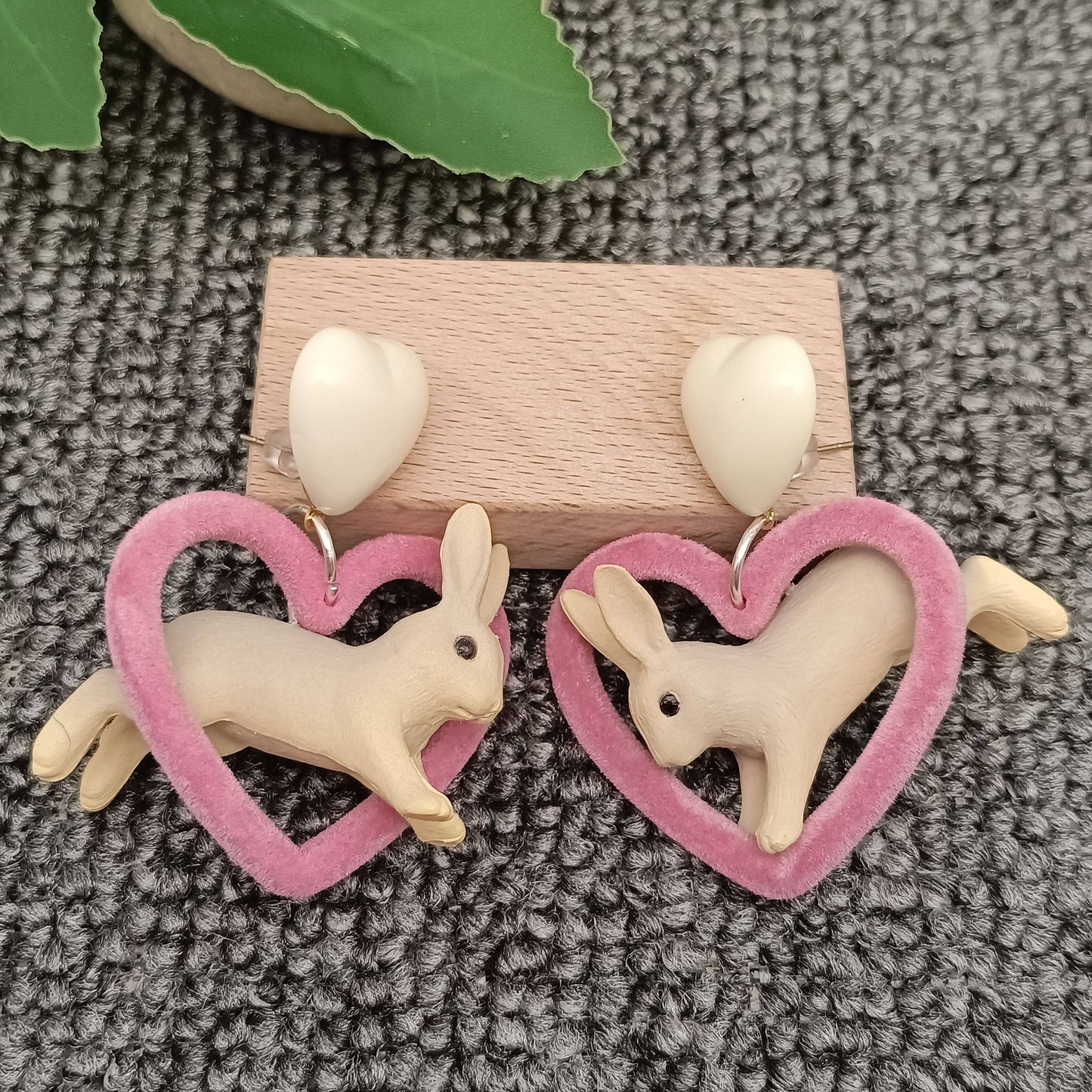 YK - Resin Rabbit Plush Heart Charm Dangle Earrings: 925 silver post