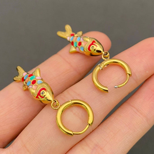 Colored Enamel Fish 18K Golden S.Steel Huggie Earrings - FGS
