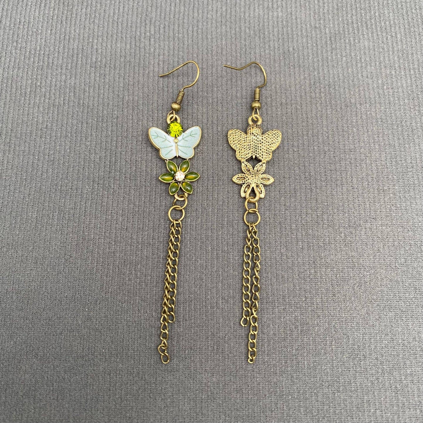 Green Enamel Flower Butterfly Dangle Earrings
