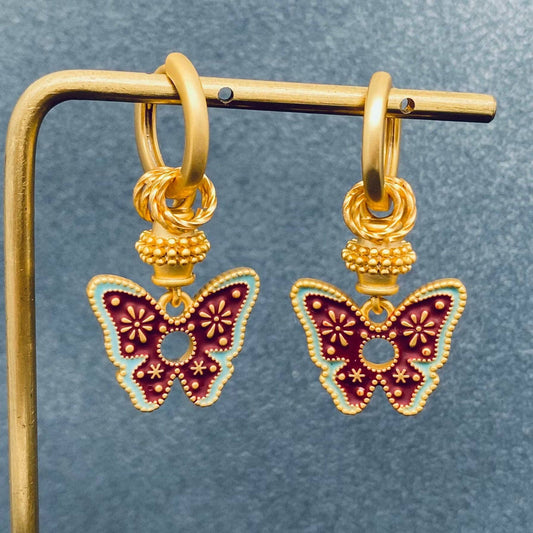 Enamel Butterfly Charm Matte 18K Gold Plated  Huggie Earrings