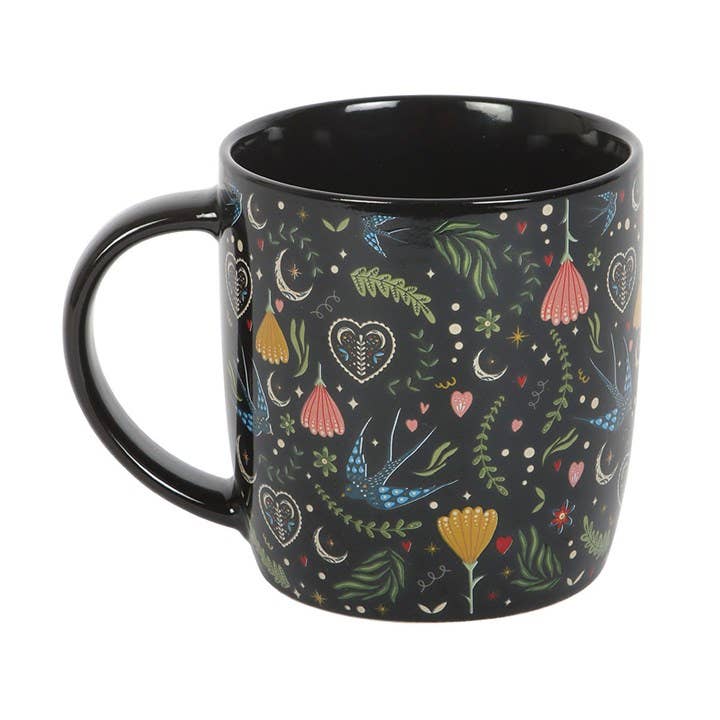 Black Midnight Bloom Folk Floral Print Mug