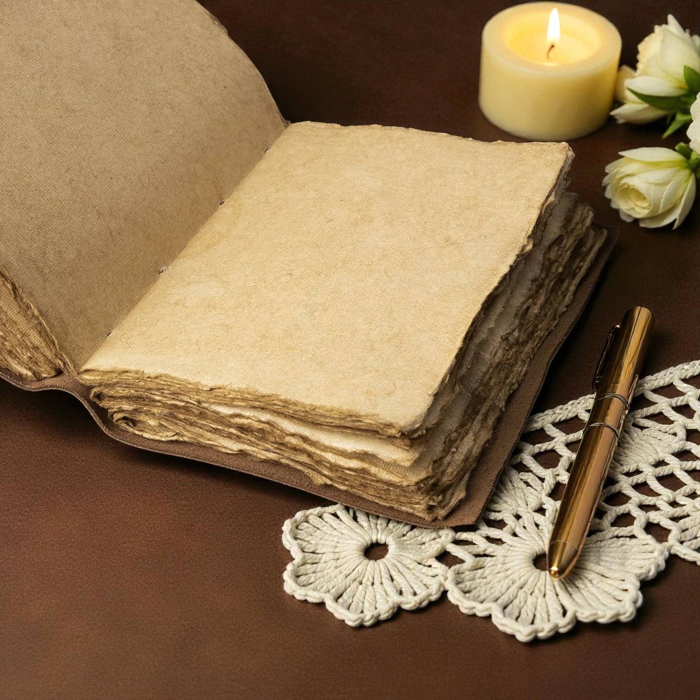 Buff-brown leather journal with a sun motif 7x5 inches