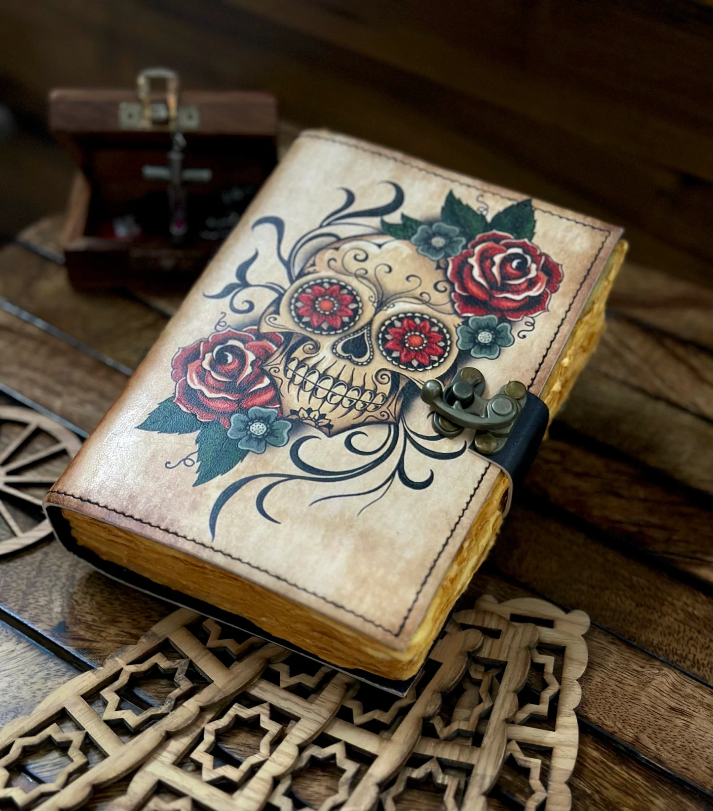 Vintage Leather Journal Grimoire with Sugar Skull Rose Print